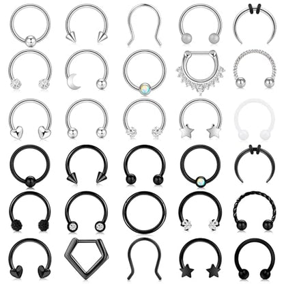 ONESING 20-30 Pcs Septum Rings 16G Septum Jewelry - Surgical Steel Piercings Horseshoe Helix Daith Smiley Tragus Lip Rings Nose Hoop Hinged Seamless Piercing Jewelry for Women Men - color: Silver,Black-16G-10mm