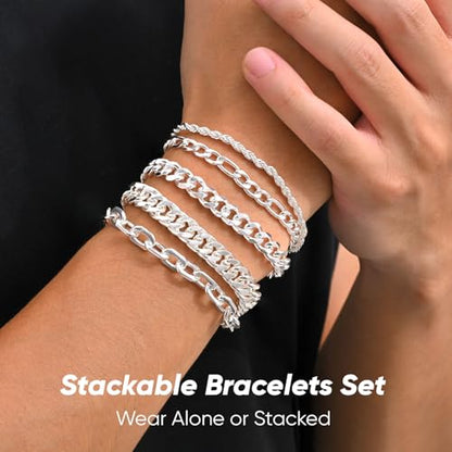 VNOX 5/7 Pcs Chain Bracelet for Men Women - Sturdy Stainless Steel Curb Width Cuban Link Chain Bracelet Set for Men Women,6.5/7/7.4/8.2/9 Inches - style: Silvering Link 1