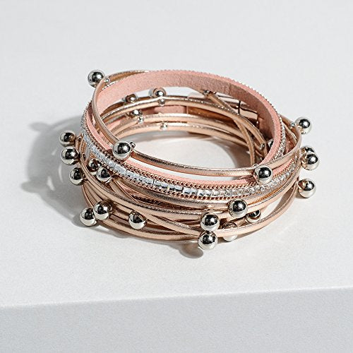 Artilady Leather Wrap Bracelet for Women, Pearl Beaded Bangle Stack Jewelry | Easy on-off, Elegant Handmade Multi-Layered, Daily Casual Date Beach Vacation, Gift for Ladies, Mother, Sister & Friend - style: Rose Gold