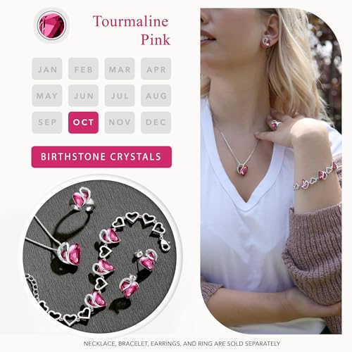 Infinity Love Heart Stud Earrings for Women, Birthstone and Healing Stone, Gifts for Mom, Wife, and Her, Silver Plated - color: 10a-October-Tourmaline Hot Pink
