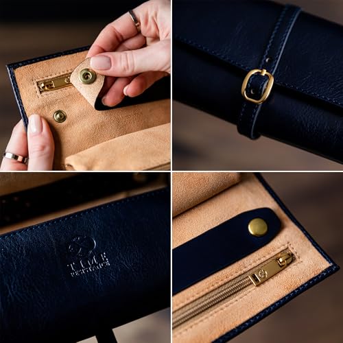 Time Resistance Leather Jewelry Roll - Full Grain Leather Travel Jewelry Case - Jewellery Organizer Made in Italy (Blue) - color: Blue