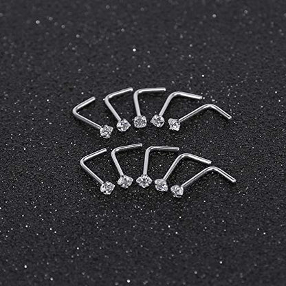 ZS 6-14PCS 20g Tiny Nose Stud Ring Piercing Surgical Steel Nose Bone/L Shaped/Nose Screws Rings Set - color: B:10pcs L Shaped Style(White)