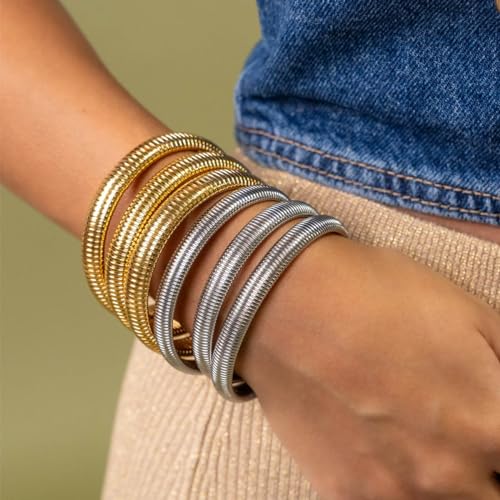 Gold Chunky Stretch Snake Chain Bangle Bracelets Stack for Women Trendy, 18K Gold Filled Stainless Steel Stretchy Womens Stackable Wristband Bangles Bracelet Set - style: 3PCS SILVER 10MM EACH