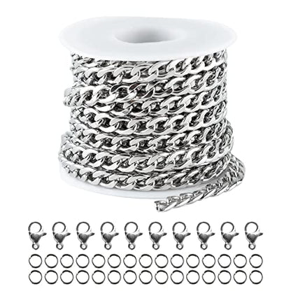16.4 Feet Stainless Steel Curb Chains Chunky 6mm Twisted Links Necklace Chain Bulk with Open Jump Rings Lobster Clasps for Women Men Bracelet Jewelry Making - color: Twist_9x6mm