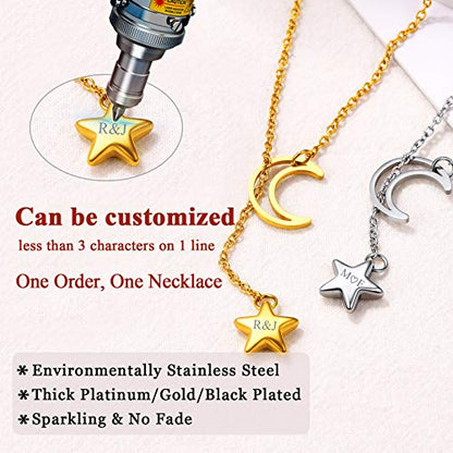 FOCALOOK Heart Lariat Necklaces for Women, Long Slip Chain Necklace | Hypoallergenic 316L Stainless Steel Silver/Black/Gold Plated, Front Slider Closure, Non Tarnish, Layered look, Everyday Wear - color: 19:Gold Star Moon-Custom