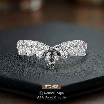 925 Sterling Silver Two Tone Skull Ring for Women Gothic Engagement Rings Enhancers Round 0.40CT AAA Cubic Zirconia Curved Wedding Band Size 3-10 - color: Silver+Gun Metal Finish