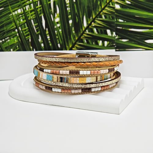 ZMANYIJEW Leather Wrap Bracelets for Women,Boho Cuff Bracelets Multi-Layer Crystal Beads Cuff Bracelet Multilayered Leopard Leather Braided Bangle Wrist Cuff Bangles - style: khaki