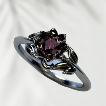 Cubic Zirconia Rings For Women, Gothic Ring Black Flower Crystal Stackable Trendy Floral Eternity Travel Engagement Statement Wedding Birthday Jewelry Gift - color: Goth Black Red