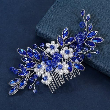 Flower Leaf Design Wedding Hair Comb, Metal Bridal Hair Accessory with Rhinestone, Wedding Prom Hair Clip Headpiece for Women (Blue White Flower) - color: Blue White Flower