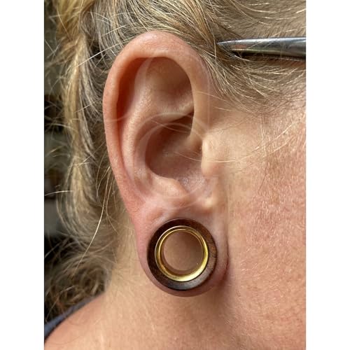 2 Pairs Hollow Vintage Ear Tunnel Plugs Stretcher Gauges | Natural Black Sandalwood/Stainless Steel, Saddle Double Flared, Wooden Body Jewelry - size: 8MM