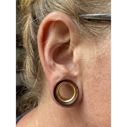 2 Pairs Hollow Vintage Ear Tunnel Plugs Stretcher Gauges | Natural Black Sandalwood/Stainless Steel, Saddle Double Flared, Wooden Body Jewelry - size: 8MM