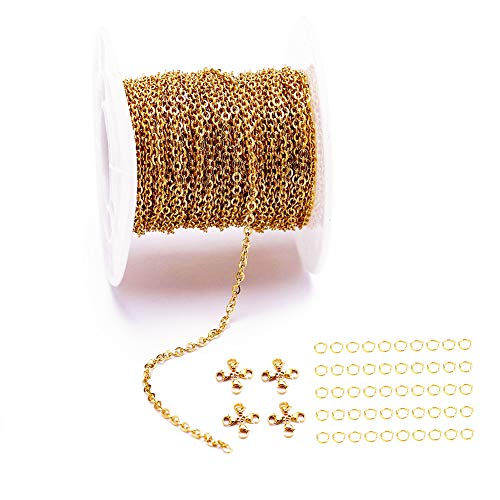 33FT 1.5mm 18K Gold Stainless Steel Flat Cable Chains for Jewelry Making | Versatile for Repairs Extensions or DIY Projects-Works with Pendants Beads and Charms Easily - color: Gold, size: Chain Width 1.5mm+20pcs Clasps+50 Rings