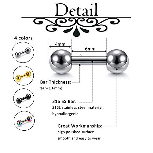 Zysta 4 Pairs Stainless Steel 14/16G Mixed Colors Body Piercing Barbells 6-16mm Post Studs Earring NippleTongue Helix Tragus Cartilage Labret Medusa Lip Eyebrow Straight Bar Ball Screw … - color: 4mm Ball,6mm Post