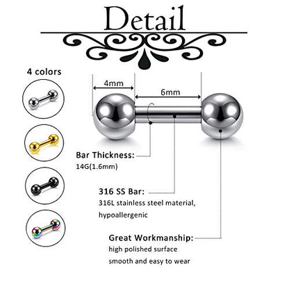 Zysta 4 Pairs Stainless Steel 14/16G Mixed Colors Body Piercing Barbells 6-16mm Post Studs Earring NippleTongue Helix Tragus Cartilage Labret Medusa Lip Eyebrow Straight Bar Ball Screw … - color: 4mm Ball,6mm Post