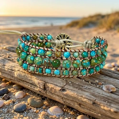 YGLINE Boho Handmade Natural Stone Bead 3 Row Wide Wrap Wrist Statment Bracelet Jewelry Collection - color: king jasper