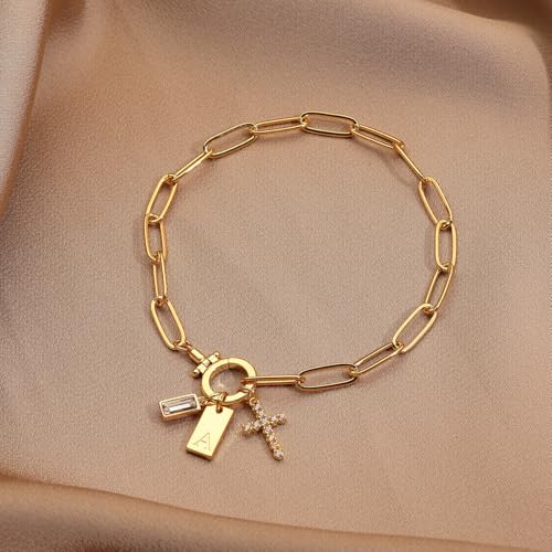 Initial Cross Charm Bracelet, 18K Gold Plated Dainty Paperclip Link Chain Bracelets for Women, Non Tarnish, A-Z Letter Bracelet Personalized Gifts Gold Jewelry for Women - color: Letter-A2