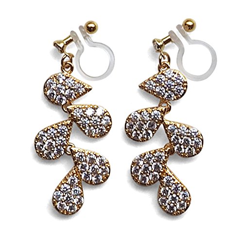 Drop Cubic Zirconia Invisible Clip On Earrings for Women Not Pierced Gold Teardrop Sqaure CZ Crystal Dangle Gold Silver Comfortable Clip On Earrings Bridal Wedding Prom - color: Leaf Gold