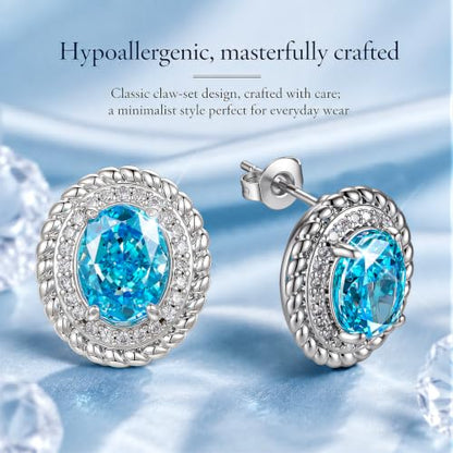 Hypoallergenic 14K Gold-Plated Cubic Zirconia Stud Earrings for Women - Comfort Piercing Earrings - color: sea blue