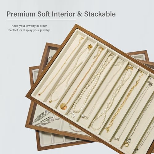 2 Pcs Large Velvet Jewelry Trays for Drawers Stackable Jewelry Drawer Organizer Inserts for Vendors Jewelry Display for Rings Necklace Bracelets Earrings and Studs Earrings (Beige, 2 Pcs 10 Grids)