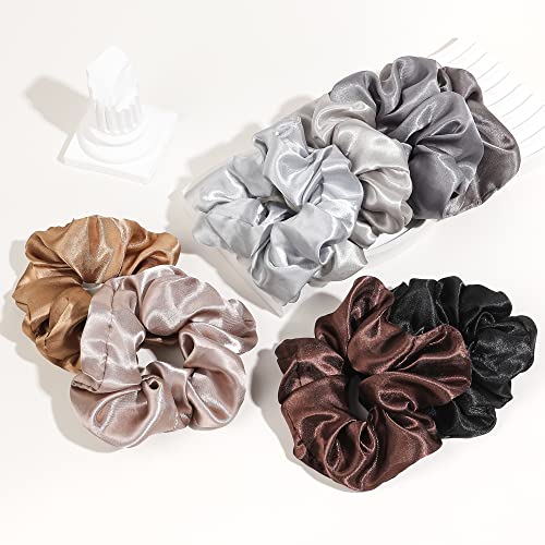 Satin Silk Scrunchies: Big Hair Ties for Women, Girls' Ponytail Holders for Thick, Curly Hair - Cute Pony Tails - color: Bown Gray