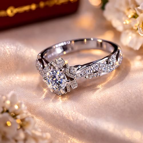 925 Sterling Silver Plated Diamond Ring Hollow Out Flower Ring Cz Simulated Diamond Star Ring Crystal Rings Delicate Everyday Ring for Women (Silver, 6) - size: 6