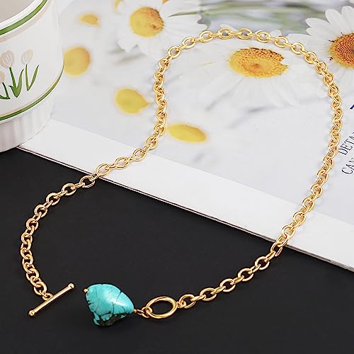 Aobei Pearl 18K Gold Plated Moon Star Lion Evil Eye Love Heart Cross Pendant Necklace Medallion Paperclip Chian Choker Layering Jewery for Women - color: Green-blue Synthetic Turquoise