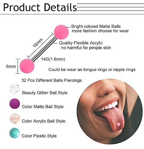30-200Pcs 14G Surgical Steel Tongue Rings for Women Stainless Steel Nipple Rings Barbell Body Piercing - color: F: 32pcs