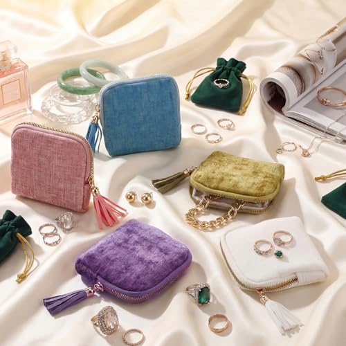 Hsei 5 Pack Small Travel Jewelry Case Bulk Mini Jewelry Organizer for Women 6-layer Velvet Zipper Pouch Bag Bridesmaid Gifts for Bangles Link Bracelets Storage Protect