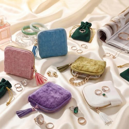 Hsei 5 Pack Small Travel Jewelry Case Bulk Mini Jewelry Organizer for Women 6-layer Velvet Zipper Pouch Bag Bridesmaid Gifts for Bangles Link Bracelets Storage Protect