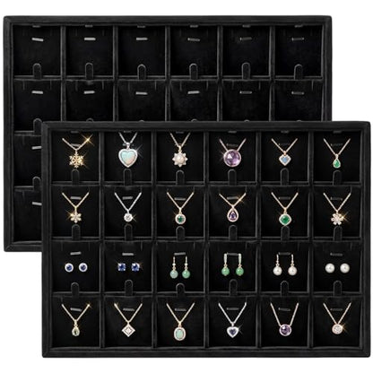 2 Pcs 24 Grid Stackable Jewelry Organizer Tray with Removable Dividers Ice Velvet Jewelry Display Showcase Tray for Necklace Earring Ring Bracelet Holder (Black Velvet) - color: Black Velvet
