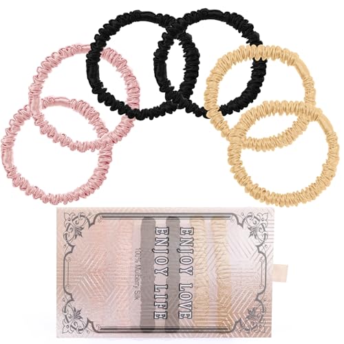 22 Momme 6PCS 100% Mulberry Silk Hair Ties Small Silk Scrunchies for Women Girls Curly Thick Thin Hair .Women's Black Cute Satin Sleepy Bulk Hair Tie Scrunchie Sleep - color: Small Silk Hair ties Style 2