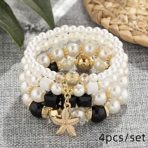 Bohemian Pearl Bracelet Set, 4 Piece Elastic Stretch Beaded Wrist Chain with Starfish Pendant, Boho Faux Pearl Multi-Color Stackable Bracelets for Women - color: Black