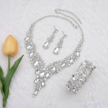 CSY Elegant Crystal Costume Jewelry Sets Flower Bridal Necklace Earrings Stretch Bangle Set for Bride Bridesmaid Wedding Dress Accessories - color: white crystal-silver tone