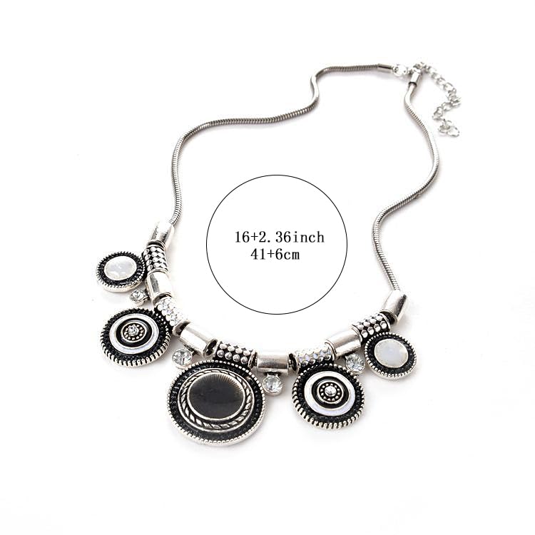 Bethynas Boho Ethnic Round Charm Pendant Choker Necklace Retro Silver-Toned Hippie Chunky Neck Chain Tribal Pattern Statement Accessories for Women