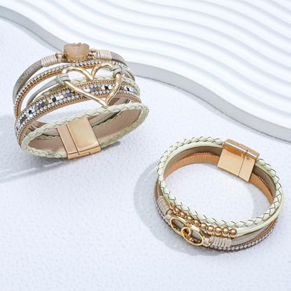 NEWITIN 2 Pieces Leather Wrap Bracelets for Women Leather Cuff Bangle Bracelets Boho Multi-Layer Bracelet Crystal Beads Bracelet for Women - color: Khaki