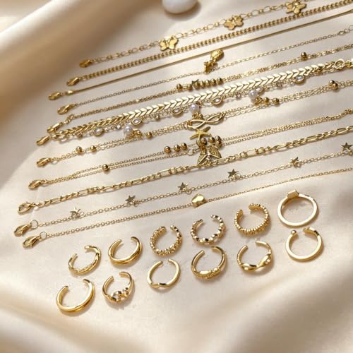 23 Pcs Ankle Bracelet and Toe Ring Set for Women Silver Gold Layered Anklets Foot Chains Adjustable Open Toe Rings Summer Foot Jewelry - style: 23G