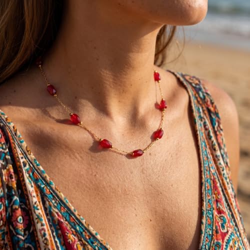 RINHOO Dainty Beaded Necklace for Women 18K Gold Plated Stainless Steel Colorful Blue Pink Choker Boho Choker Necklace Jewelry Gift for Women - color: Style 2-Red