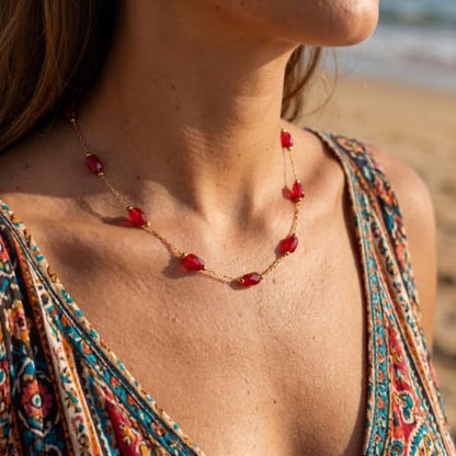 RINHOO Dainty Beaded Necklace for Women 18K Gold Plated Stainless Steel Colorful Blue Pink Choker Boho Choker Necklace Jewelry Gift for Women - color: Style 2-Red