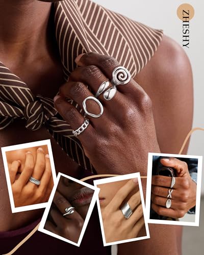 ZHESHY Chunky Gold Rings for Women Non Tarnish 14K Gold/Silver Plated Stackable Stacking Rings Set Thumb Signet Statement Ring Band Jewelry Gift - color: Silver
