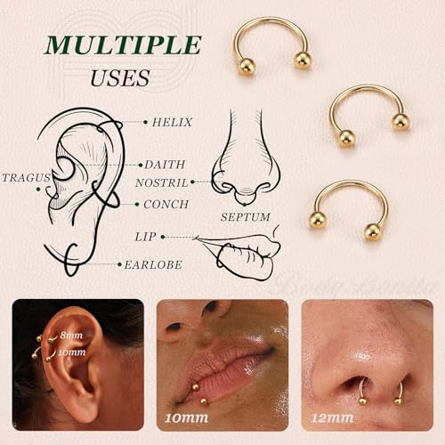 G23 Titanium 14/16/18/20G Septum Rings Horseshoe Nose Ring Jewelry | 2/3Pcs Circular Barbell Spike Lip Body Piercing Jewelry Conch Helix Tragus Earring Silver/Black 8/10/12mm 14K Gold Plated - color: Gold-3pcs, size: Balls-3pcs-18g-10mm