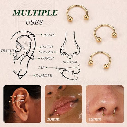 G23 Titanium 14/16/18/20G Septum Rings Horseshoe Nose Ring Jewelry | 2/3Pcs Circular Barbell Spike Lip Body Piercing Jewelry Conch Helix Tragus Earring Silver/Black 8/10/12mm 14K Gold Plated - color: Gold-3pcs, size: Balls-3pcs-18g-10mm
