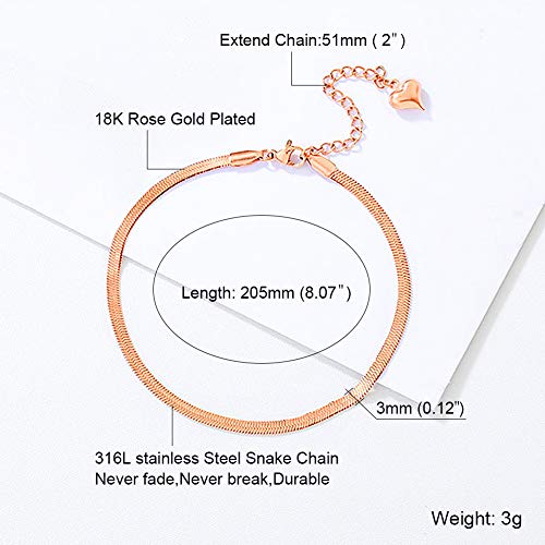 Gold Anklets for Women Waterproof,18K Gold Plated Anklet for Women Snake Chain Link Dainty Ankle Bracelets Summer Beach Jewelry - color: 3mm-Rose Gold