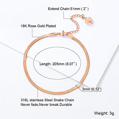 Gold Anklets for Women Waterproof,18K Gold Plated Anklet for Women Snake Chain Link Dainty Ankle Bracelets Summer Beach Jewelry - color: 3mm-Rose Gold