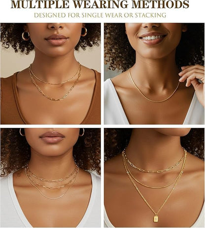 Gold Layered Necklaces for Women, 14K Gold Plated Paperclip Snake Chain Necklace Set, Dainty Coin Cross Tear Pendant Layering Choker Necklaces, Simple Trendy Stackable Jewelry Gifts - color: 3PCS/ square pendant& 2 Chains