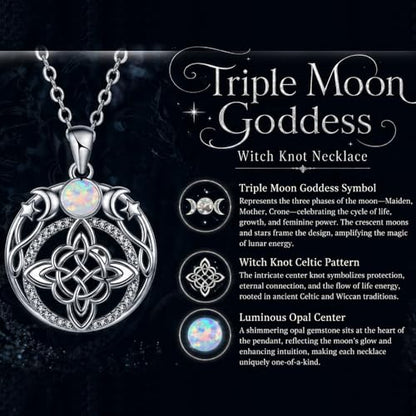 925 Silver-plated Triple Moon Goddess Witch Knot Necklaces Opal Zircons Moon Star Witchcraft Pendant Witch Amulet Protection Jewelry