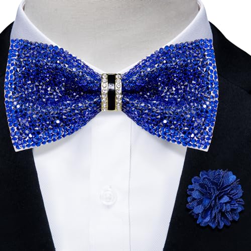 DiBanGu Mens Rhinestone Bow Tie with Ring and Lapel Pin Set | Adjustable Strap,Pre-tied Style,3PCS,Sequin Diamond Bowties，Solid/Mix Color,Shiny Accessory,for Party Prom Banquet Wedding - color: Shiny Royal Blue