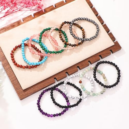 12Pcs Inspirational Beaded Bracelets, 6mm Natural Stone & Glass Beads, Elastic Stretch Bracelet Set with You're Awesome Message Cards, Handmade Healing Chakra Bracelets Bulk for Women Men, Birthday Christmas Friendship Gift