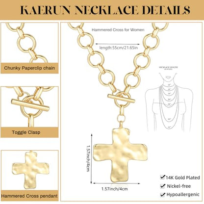 Chunky Gold Necklace for Women Trendy Non Tarnish 14K Gold Plated Paperclip Chain Charm Necklaces Chunky Heart Cross Clover Pearl Pendant Necklace with Toggle Clasp Statement Jewelry Gift for Women - color: F-Cross