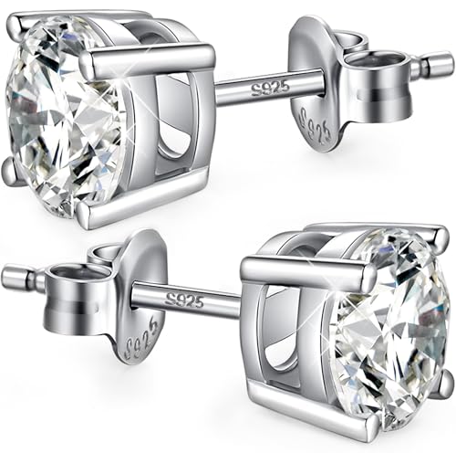Jiamiaoi 925 Sterling Silver Round and Square Cut Princess Cut 5A+ Cubic Zirconia Stud Earrings for Women Men Hypoallergenic Earrings Silver/Gold Plated 4mm to 8mm CZ Fashion Jewelry for Men Women - color: A-Round Cut-Silver, size: 5mm