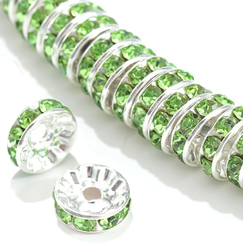 100Pcs Rondelle Spacer Beads Round Crystal Charms Czech Rhinestone Silver Plated Spacer Loose Beads for DIY Bracelet Necklace Jewelry Making Supplies (6MM, Green) - color: Green, size: 6MM